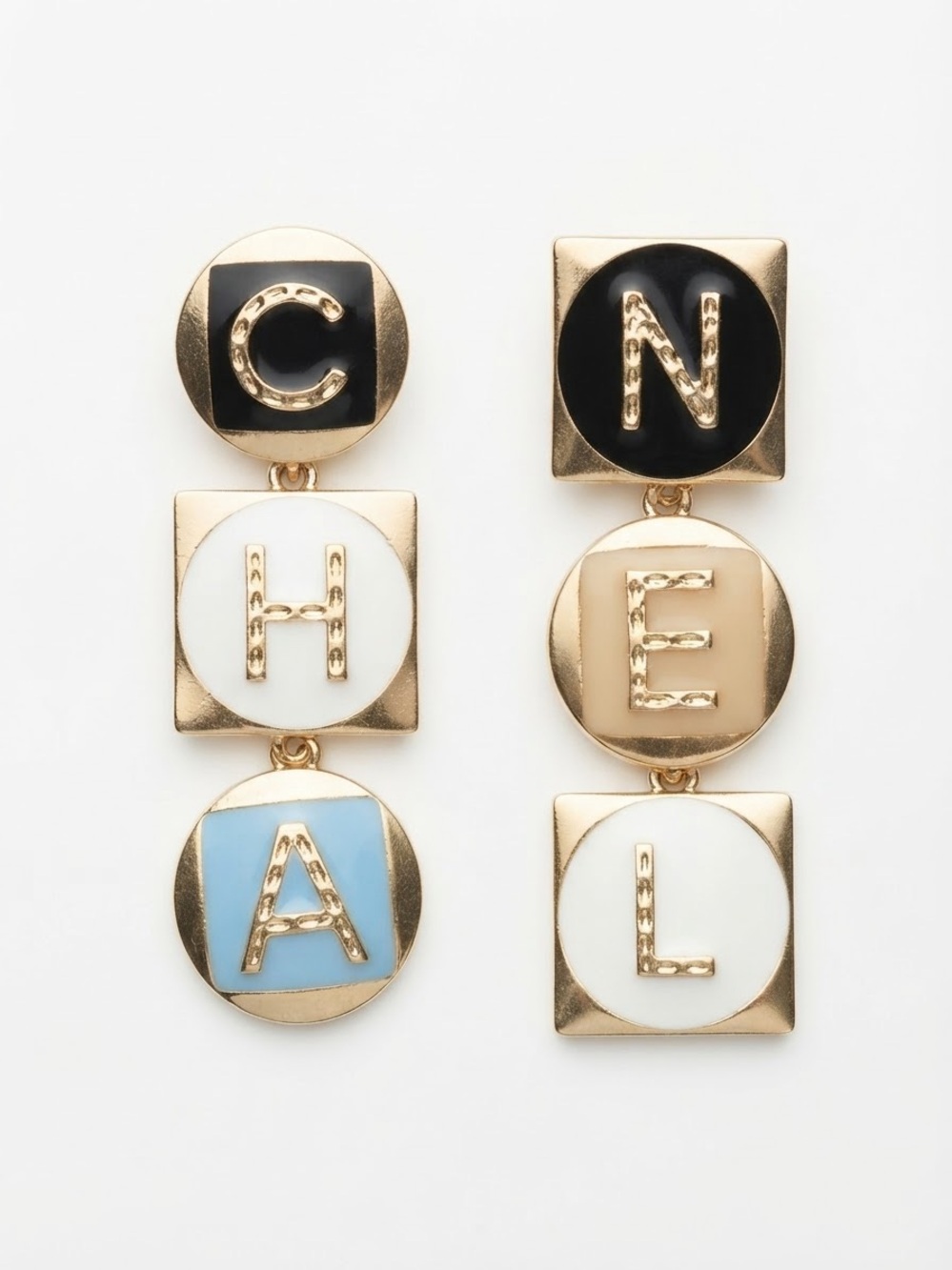 Gold-Tone Letter Stack Earrings with Black, White and Blue Enamel